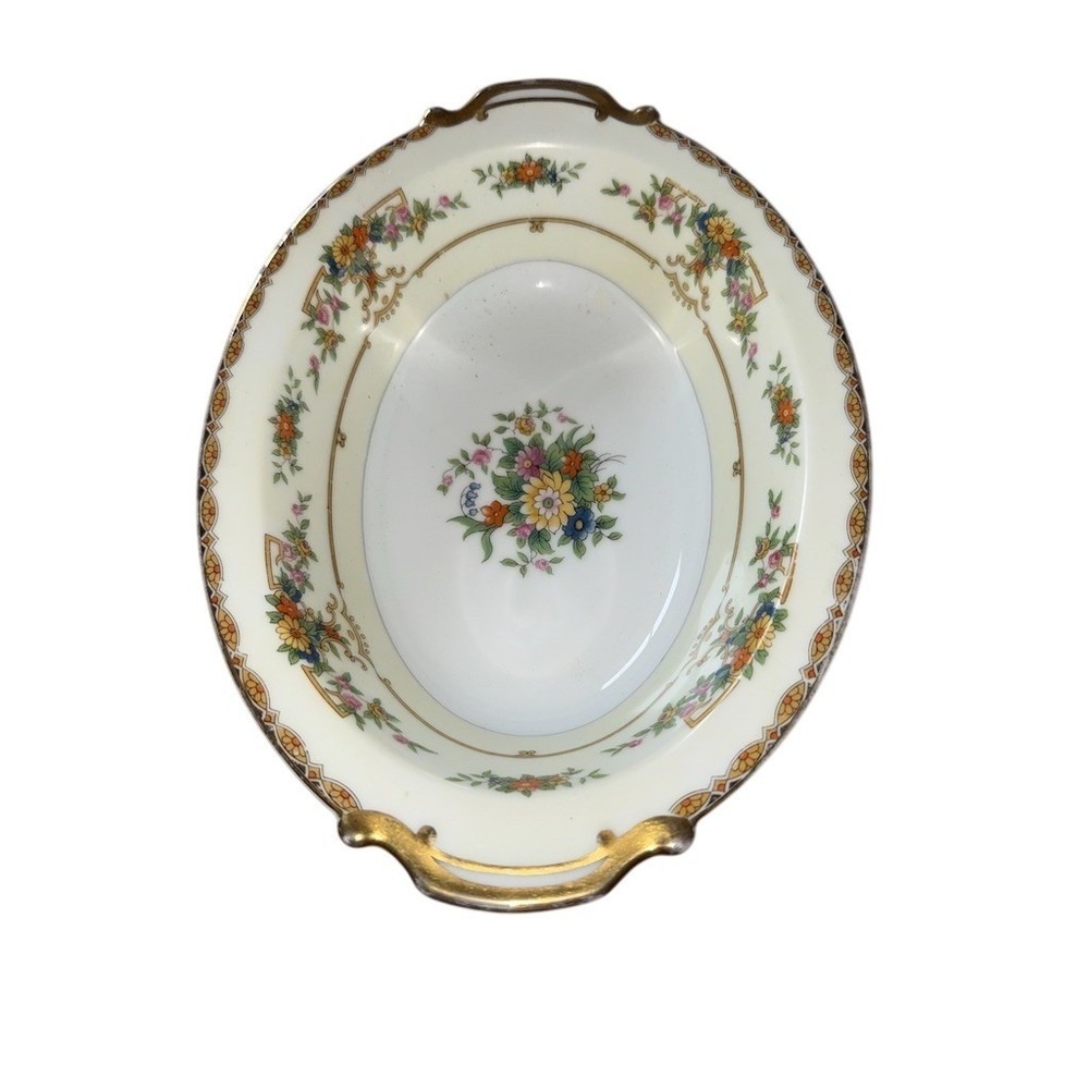 Noritake Renovia Serving Bowl Oval Handled Floral Gold Trim 10.5 in vintage 50's